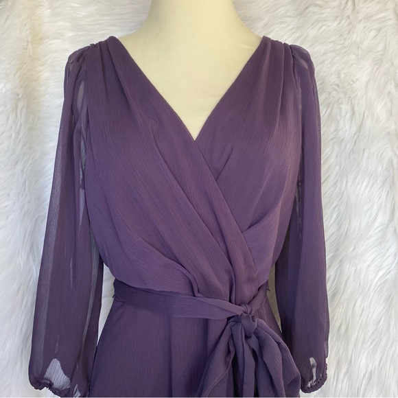 DKNY Midi Dress 10 Balloon Sleeve Chiffon Faux-Wrap Hi-Low Dark Purple Belted - Picture 6 of 8